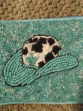 western cowboy hat coin purse Beaded Teal Cow Print Hat Patch